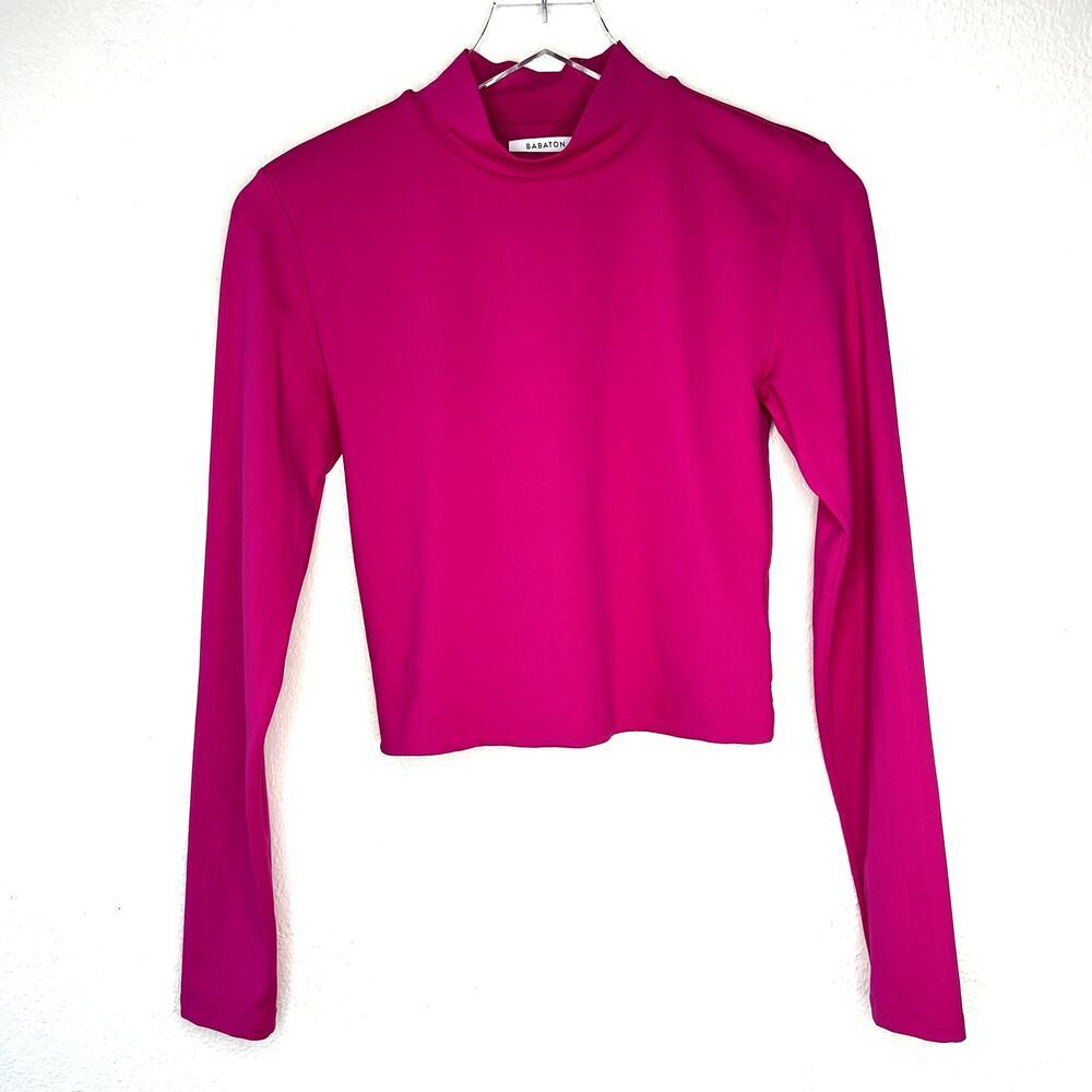 Aritzia Babaton Long Sleeve Cropped Top Mock Neck Fuchsia Pink MEDIUM Fitted